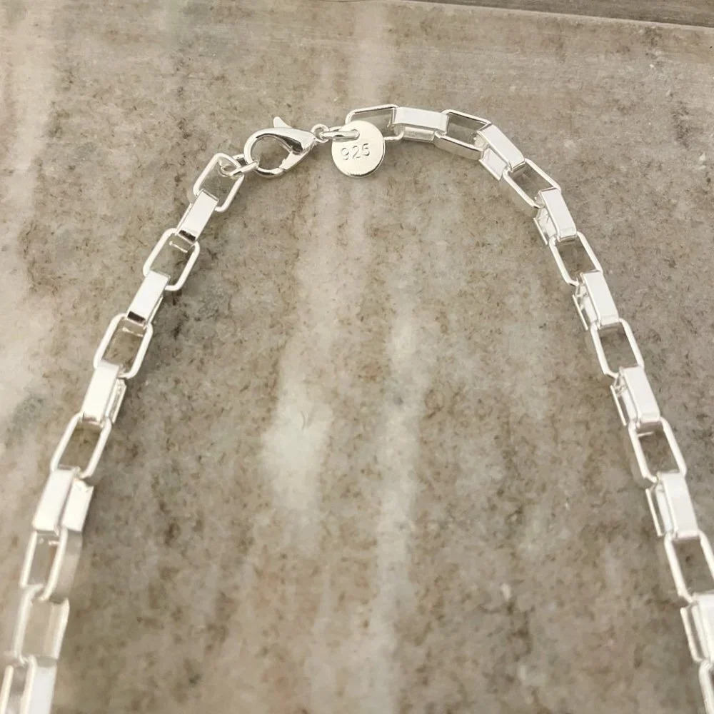 925 Sterling Silver Box Chain Link Necklace Statement Necklace 19 Inches - Picture 3 of 4